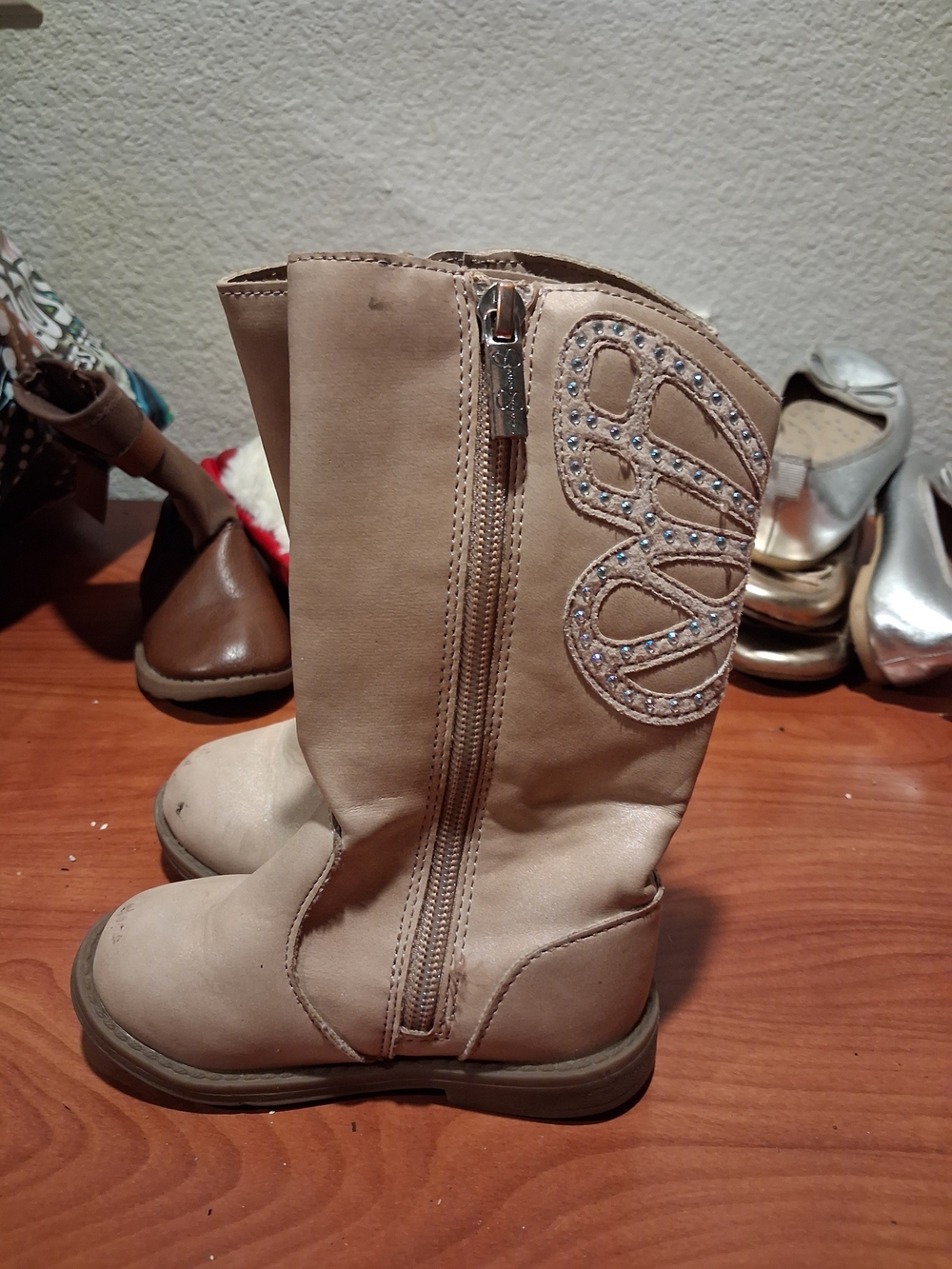 Jessica Simpson Beige Girls' Mid-Calf Zip Boots with Rhinestone Swirl